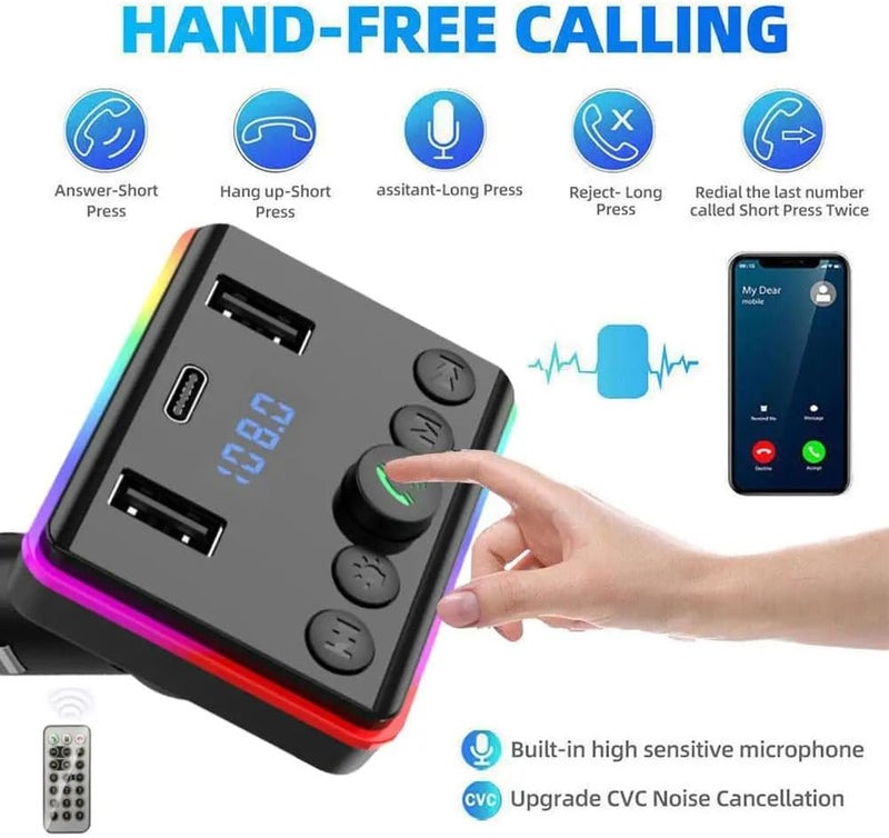 LDNIO MP3 Player Car Bluetooth 5.0 FM Transmitter PD Type-C Dual USB 3.1A Fast Charger Colorful Ambient Light Manual - Image 5