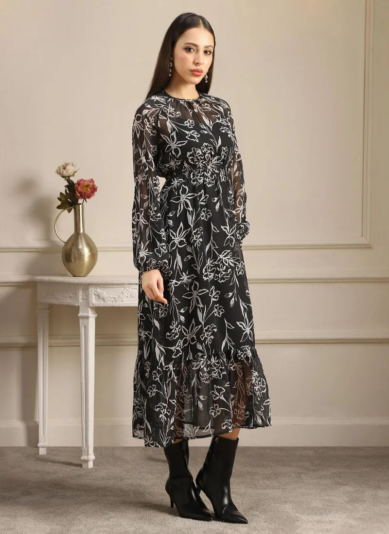 جلو باص فستان ميدي نسائي بطبعات زهور شاملة وأكمام أسقفية وتفاصيل مجمعة وطبقات متدرجة