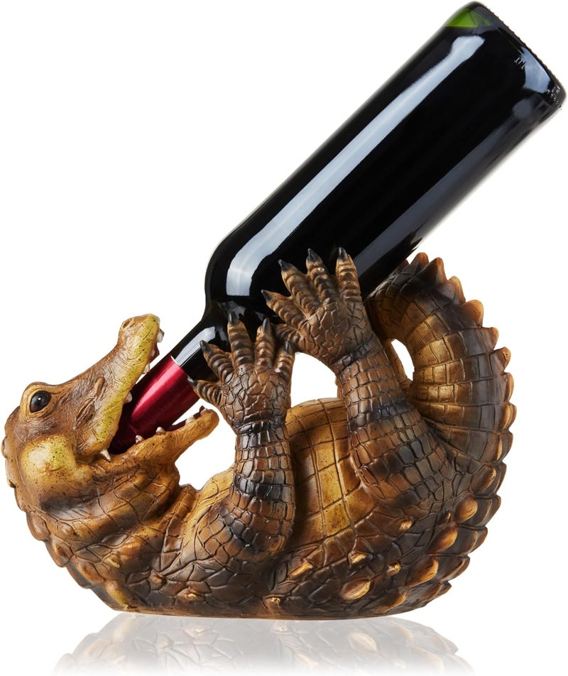 True Amazing Alligator Polyresin Wine Stand Bottle Holder, Brown, Holds 1 Bottle, Tabletop Mount - Image 1