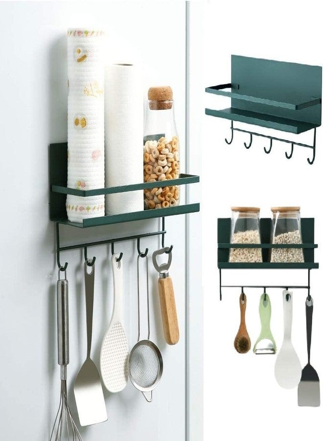 Smart Saver Fridge Mounted Magnetic Spice Tiered Shelf Rack Strong Magnet Shelf with 5 Hooks Perfect Space Saver for Small Kitchen/Apartment Awesome Metal Cabinet - Dark Green - Image 4