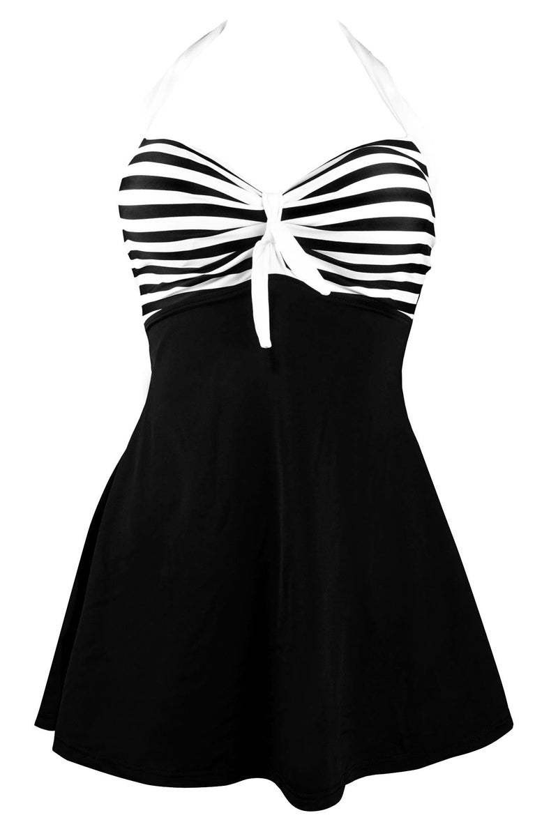 COCOSHIP Black & White Striped Vintage Sailor Pin Up Swimsuit One Piece Skirtini Cover Up Beachwear L(US10) - Image 1