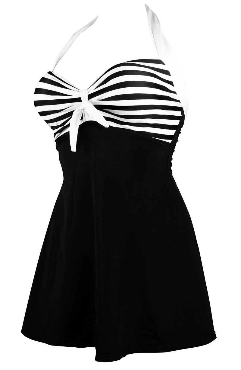COCOSHIP Black & White Striped Vintage Sailor Pin Up Swimsuit One Piece Skirtini Cover Up Beachwear L(US10) - Image 3