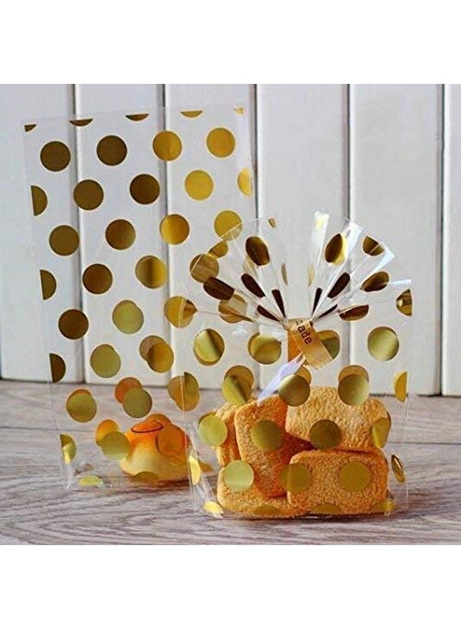 JHere 100 Pack Gold Polka Dot Candy Bags With 100Pcs Gold Metallic Twist Ties Clear Plastic Treat Bags For Cookie Candy Snack Gift Wrapping Party Favor 5.1'' By 8.2'' By 1.5'' - Image 1