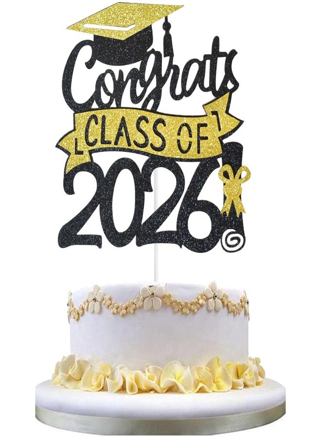 Chewarelly Class Of 2026 Cake Topper, Glitter Congrats Grad Cake Decor,Graduation Cake Picks for Senior High School College Grad Party Decorations Supplies(Black with Gold) A - Image 1