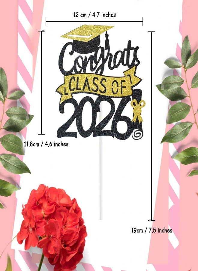 Chewarelly Class Of 2026 Cake Topper, Glitter Congrats Grad Cake Decor,Graduation Cake Picks for Senior High School College Grad Party Decorations Supplies(Black with Gold) A - Image 2
