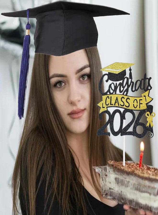 Chewarelly Class Of 2026 Cake Topper, Glitter Congrats Grad Cake Decor,Graduation Cake Picks for Senior High School College Grad Party Decorations Supplies(Black with Gold) A - Image 3