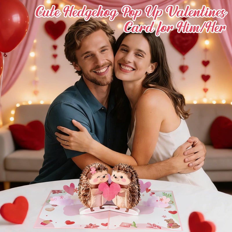D4DREAM Pop Up Valentines Day Card - Romantic 3D Hedgehog Valentine Pop Up Card for Wife, Husband, Girlfriend, Boyfriend Handcrafted Valentine's Day Anniversary with Envelope & Note - Image 2