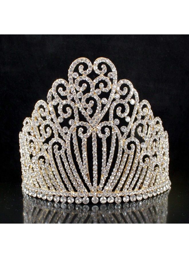 Janefashions 5.25"h Clear Austrian Crystal Rhinestone Bridal Pageant Theater Party Veil Headband Headpiece Princess Queen Tiara With Hair Combs Crown Gold-Plated T11990g - Image 1