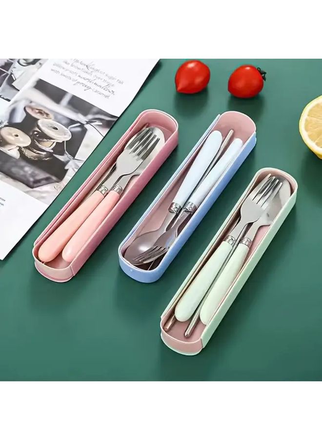 Pink Stainless Steel Cutlery Set 3 Pcs Portable Travel Fork Spoon Chopsticks Case - Image 3