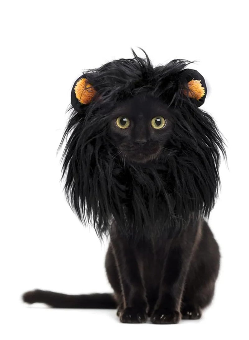 SOLARAE Lion Mane Wig for Cat Costume, Black Lion Mane Wig Pet Costumes Hat, Lion Hair Cat Hat, Accessories Decoration for Kitten Cats, for Festival Party Activity (Size: M) - Image 2