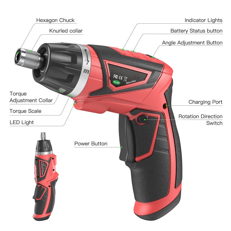 Cordless Screwdriver Kit Rechargeable Power Screwdriver with LED Light 6+1 Torque Setting 200RPM 1500mAh - Image 5