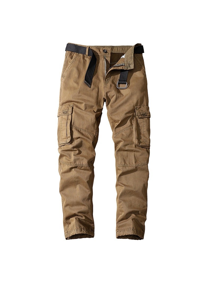Loquat Men's Cotton Loose Straight Tube Multi Pocket Overalls Khaki