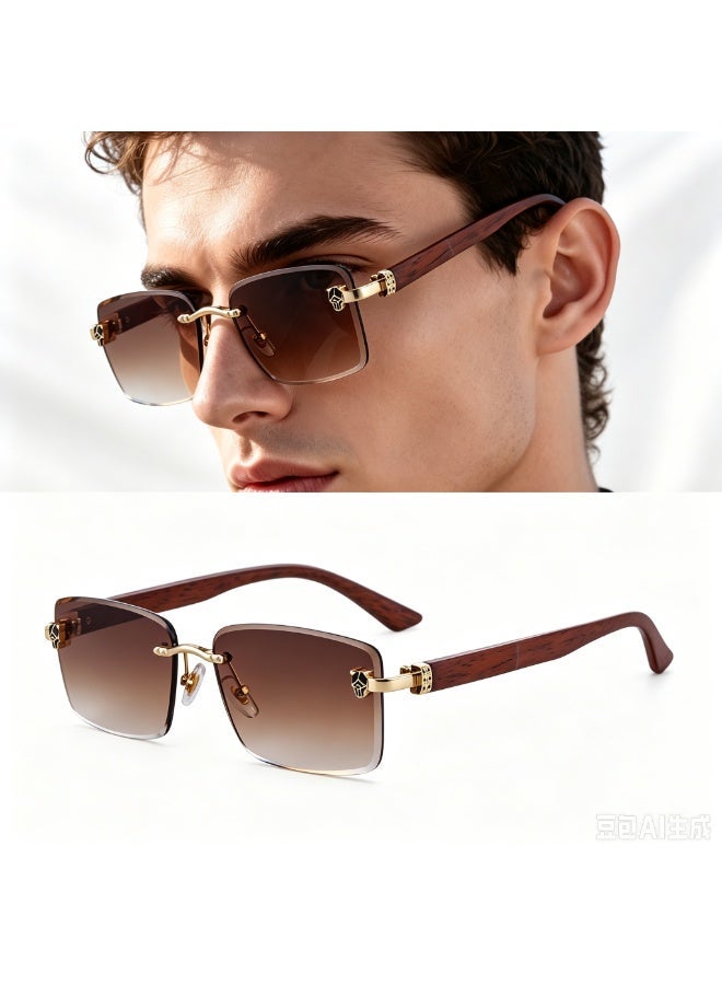Men's Frameless Sunglasses with Retro Wood Grain Temple and Leopard Head Detail, UV Protection - Image 1