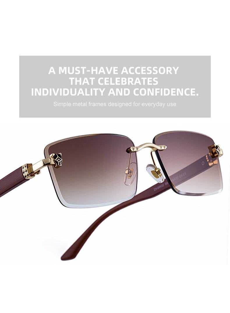 Men's Frameless Sunglasses with Retro Wood Grain Temple and Leopard Head Detail, UV Protection - Image 3
