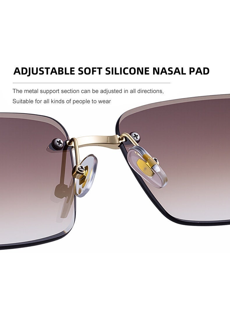 Men's Frameless Sunglasses with Retro Wood Grain Temple and Leopard Head Detail, UV Protection - Image 4