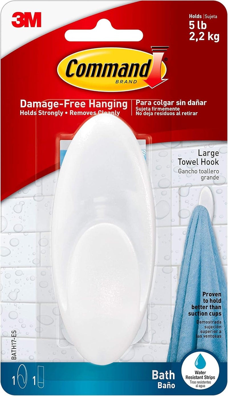 Command Bath Large Towel Hook, Clear, 1-Hook, 5-lb. Capacity, Organize Damage-Free - Image 1