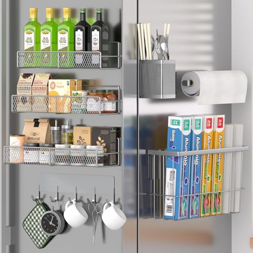 DTUQYX Magnetic Spice Rack for Refrigerator, 7 Pack Metal Magnetic Shelf, Moveable Magnetic Storage Fridge Organizer Grey, Spice Organizer, Hook Rack, Paper Towel Holder, Cutting Board Holder, HM5471 - Image 1