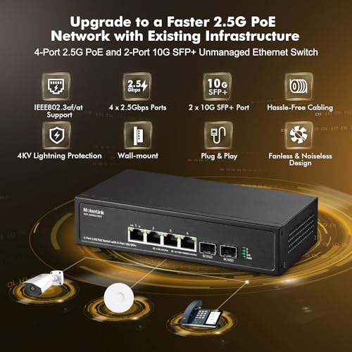MokerLink 4 Port 2.5G PoE Switch with 2 Port 10G SFP+ Slot, 4 x 2.5G Base-T Ports Compatible with 10/100/1000Mbps, IEEE8023af/at PoE 78W, Metal Unmanaged Fanless Small Network Switch - Image 2