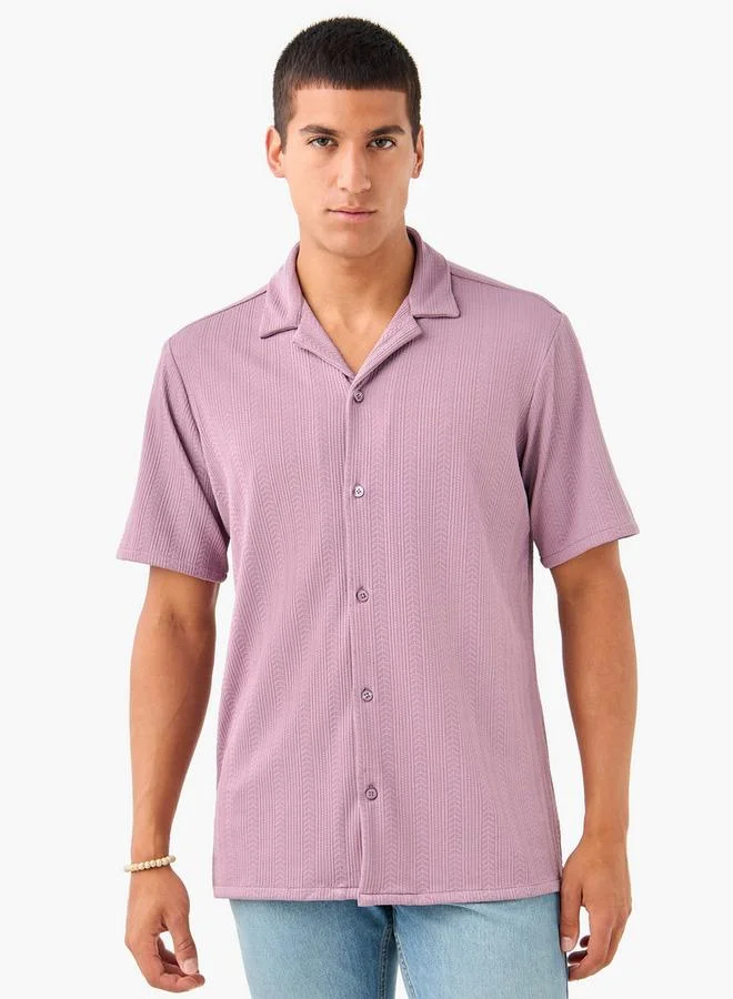 Splash FAV Regular Fit Dobby Textured Shirt with Camp Collar and Short Sleeves
