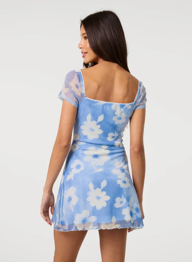 بينك فانيلا Floral Printed Mesh Cap Sleeve Mini Dress