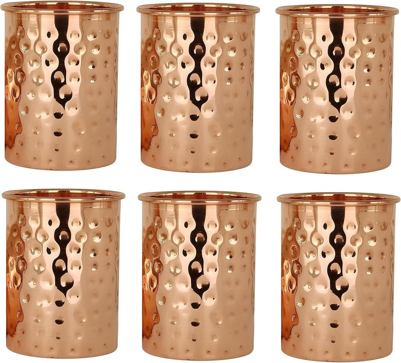 Adoko 100% Pure Copper Hammered Tumbler 300ml | Ayurvedic Drinking Glass for Water | Traditional Handcrafted Copper Utensil – 6Pcs Set - Image 1