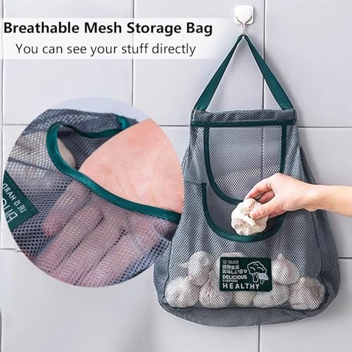 AMIRATE Hanging Storage Mesh Bags 2pc Wall Hanging Fruit Basket for Vegetable Storage Tote Bags for Garlics, Potatoes, Onions or Garbage (4) - Image 3