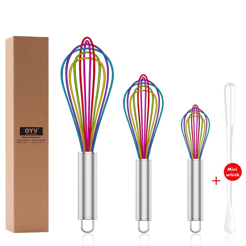 OYV Silicone Whisk,Professional Whisks For Cooking Non Scratch,Stainless Steel & Silicone Wisk,Plastic Rubber Whisk Tool For Nonstick Cookware,Silicon Wisks Set of 3,Rainbow,for Blending,Colorful. - Image 1