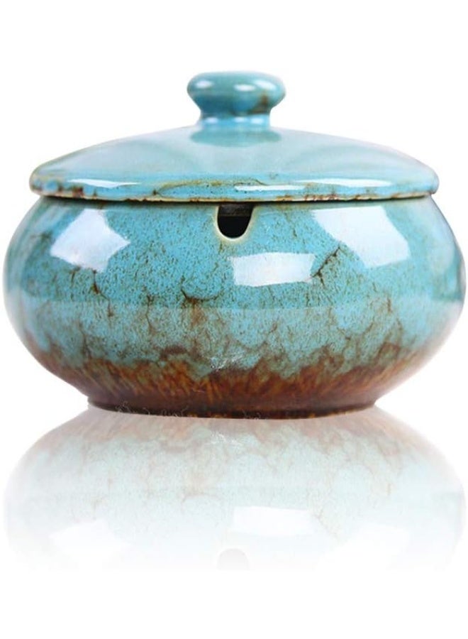 Ceramic Ashtray with Lid, Windproof, for Indoor and Outdoor Use, Desktop Ash Tray for Home Office Decoration (Blue) - Image 1