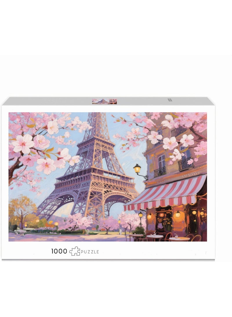 1000 pieces of oil painting style Paris Tower cherry blossom landscape puzzle - colorful artistic experience - Image 2