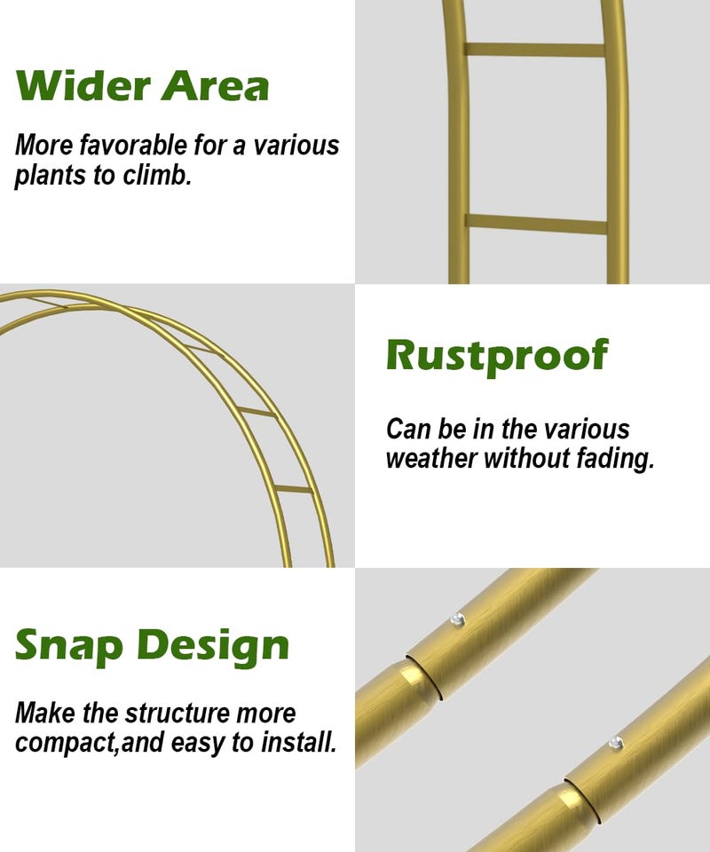Queension Metal Wedding Arch | for Ceremony Party Decoration 8Ft Wide 7Ft High,Garden Arch Trellis with Ground Bases for Climbing Plants,Outdoor Garden Arbor for Roses Vines, Round Frame, Gold - Image 4