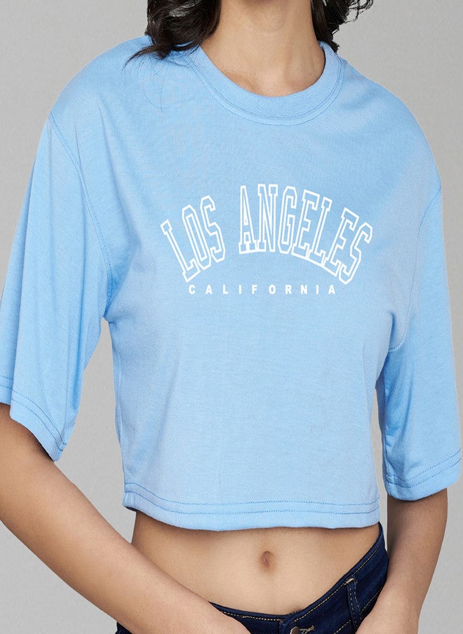 TREND LEVEL Turquoise Blue Typography Print Cotton Boxy Crop Top - Image 2