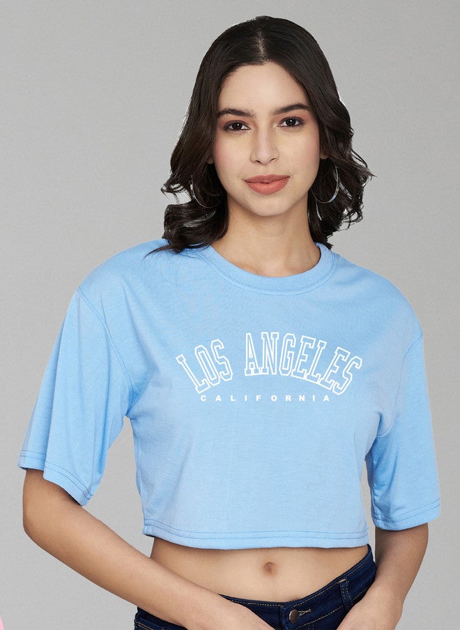 TREND LEVEL Turquoise Blue Typography Print Cotton Boxy Crop Top - Image 1