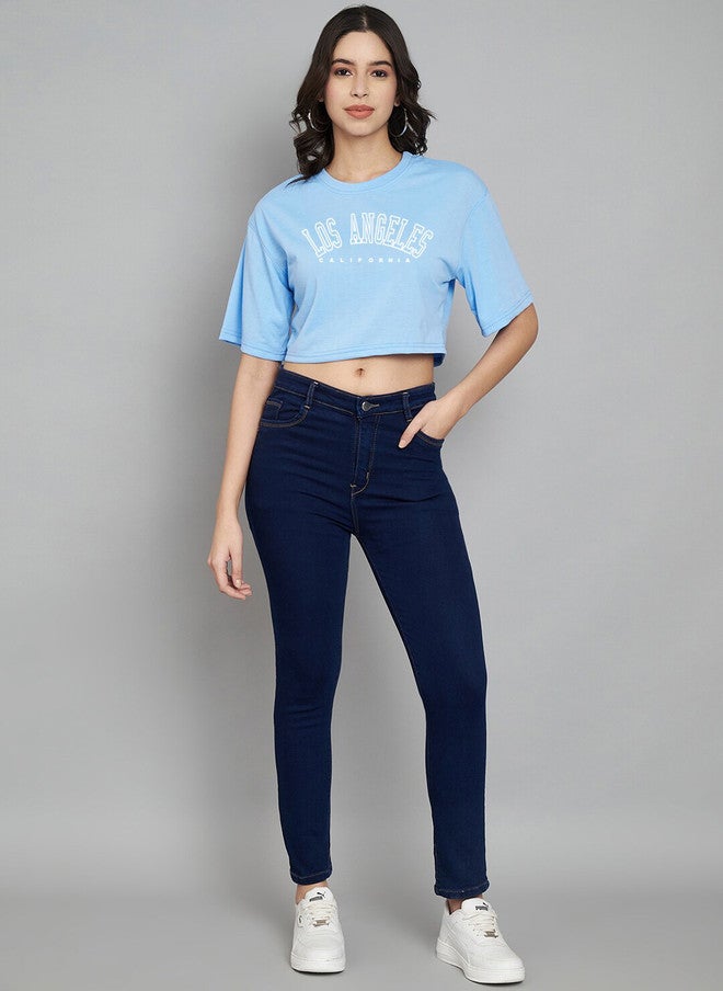 TREND LEVEL Turquoise Blue Typography Print Cotton Boxy Crop Top - Image 5