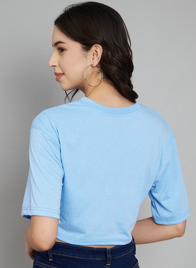 TREND LEVEL Turquoise Blue Typography Print Cotton Boxy Crop Top - Image 4