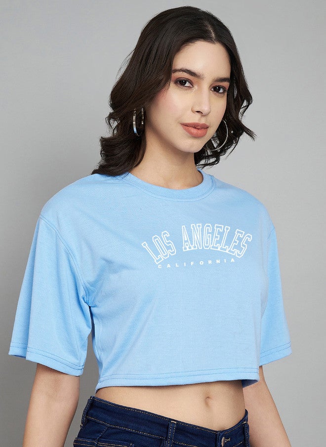 TREND LEVEL Turquoise Blue Typography Print Cotton Boxy Crop Top - Image 3
