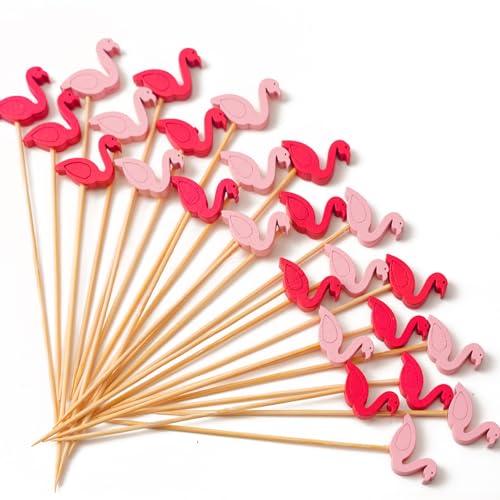 PuTwo Cocktail Picks Handmade Bamboo Toothpicks 100ct 4.7" in Flamingo Decor - Image 1