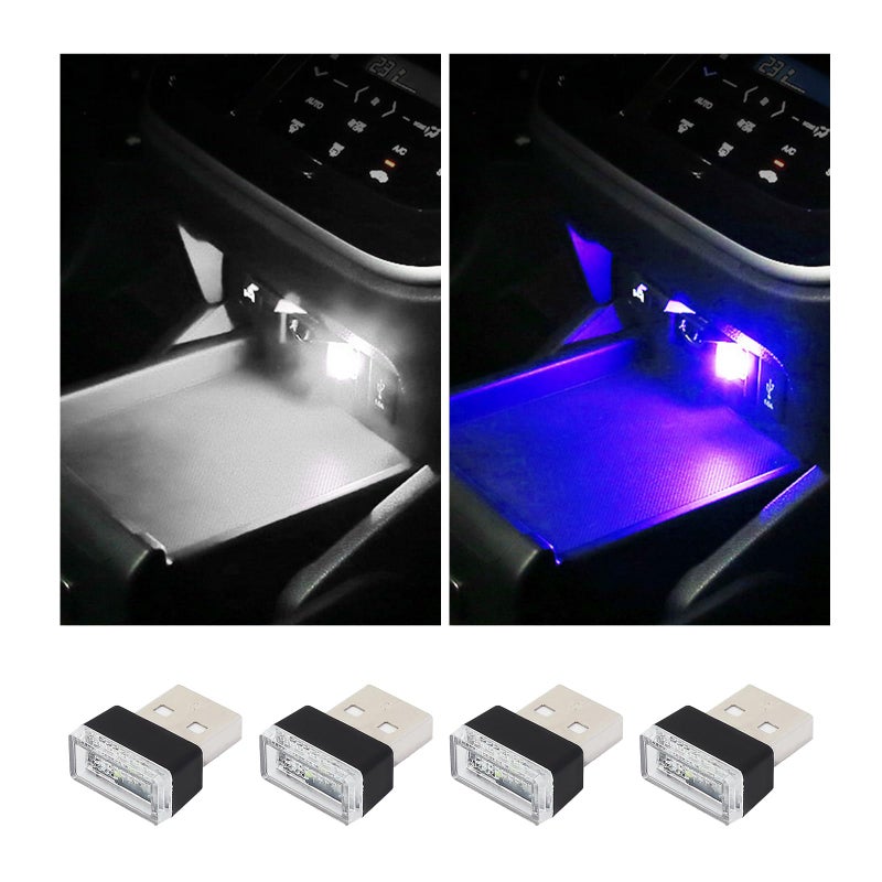Augeny 4 PCS USB LED Car Interior Atmosphere Lamp Plugin USB Decor Night Light Portable Auto Ambient Lighting Kit Universal Vehicle Interior Accessories for Most Cars White Blue