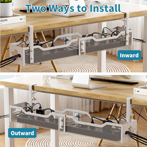 Litwaro Under Desk Cable Management Tray White, Litwaro Cable Management Under Desk No Drill, 25'' Cable Tray with Clamp for Wire Management, Cord Organizer for Office, Home - No Damage to Table - Image 5
