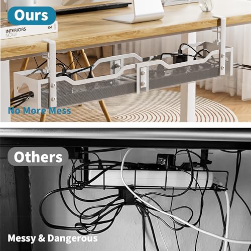 Litwaro Under Desk Cable Management Tray White, Litwaro Cable Management Under Desk No Drill, 25'' Cable Tray with Clamp for Wire Management, Cord Organizer for Office, Home - No Damage to Table - Image 3