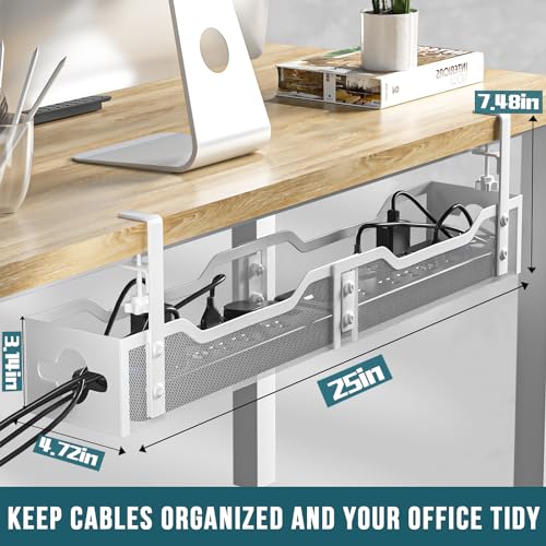 Litwaro Under Desk Cable Management Tray White, Litwaro Cable Management Under Desk No Drill, 25'' Cable Tray with Clamp for Wire Management, Cord Organizer for Office, Home - No Damage to Table - Image 4