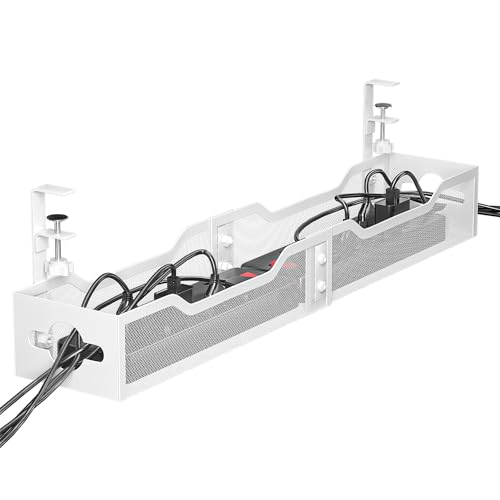 Litwaro Under Desk Cable Management Tray White, Litwaro Cable Management Under Desk No Drill, 25'' Cable Tray with Clamp for Wire Management, Cord Organizer for Office, Home - No Damage to Table - Image 1
