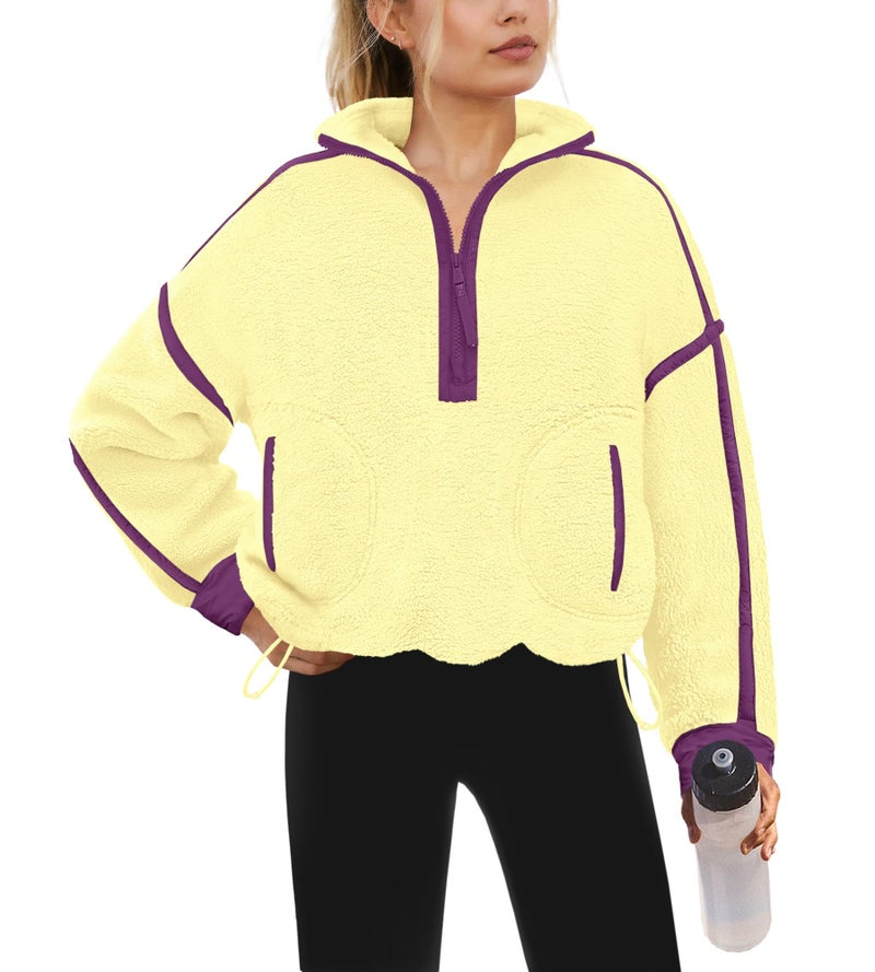 Yanekop 1/4 Zip Pullover Women Zip Up Sweatshirt Fleece Pullover Christmas Sweaters Long Sleeve V Neck Sweaters(Yellow Purple Combo,L) - Image 1