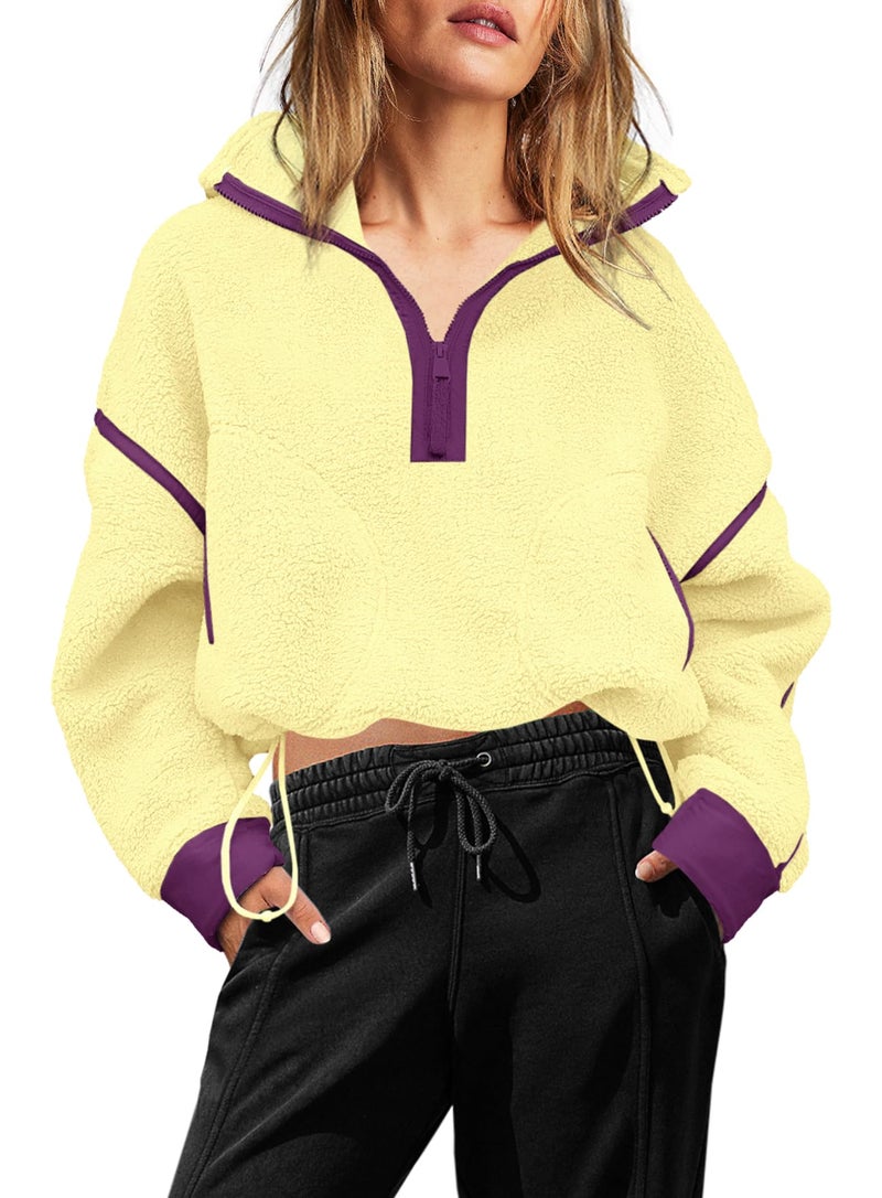 Yanekop 1/4 Zip Pullover Women Zip Up Sweatshirt Fleece Pullover Christmas Sweaters Long Sleeve V Neck Sweaters(Yellow Purple Combo,L) - Image 2