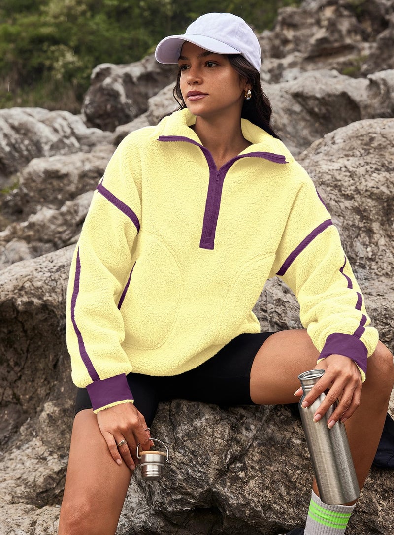 Yanekop 1/4 Zip Pullover Women Zip Up Sweatshirt Fleece Pullover Christmas Sweaters Long Sleeve V Neck Sweaters(Yellow Purple Combo,L) - Image 5
