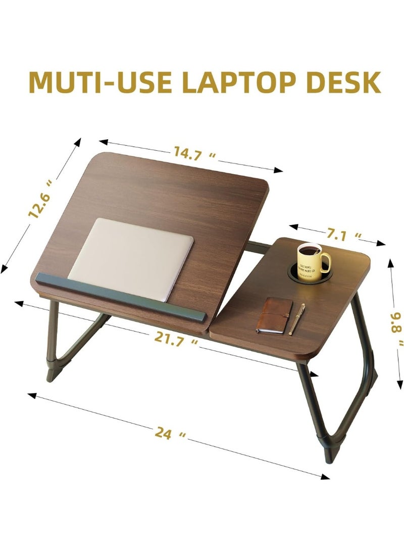 Bed Desk for Laptop, Foldable Laptop Table for Bed and Sofa, Bed Trays for Eating and Laptops with Cup Holder, 5 Levels of Adjustable Height（Walnut） - Image 2