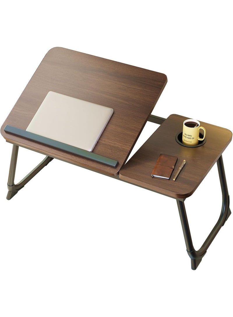 Bed Desk for Laptop, Foldable Laptop Table for Bed and Sofa, Bed Trays for Eating and Laptops with Cup Holder, 5 Levels of Adjustable Height（Walnut） - Image 1
