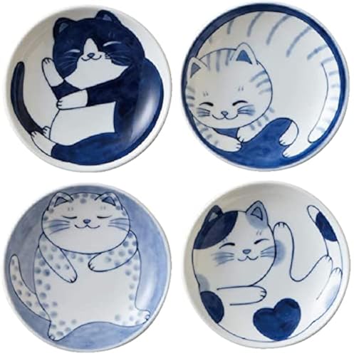 MINO WARE Japanese Small Plate Set Ceramic Cute Cats Design Appetizer Dessert Sushi Sauce Dishes 394 x 08 Inches Set of 4 - Image 1