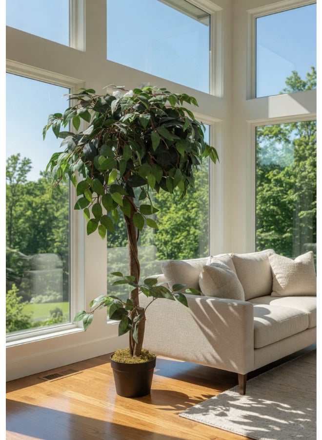 Noon East Ficus 120cm (3.94ft) Artificial Tree with Pot | Floor Plant with Lifelike Design & Texture - Green | Decorative Indoor Tree for Home, Living Room, Study & Office spaces - Image 1