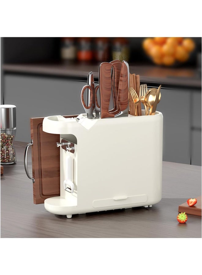 Bukela Multi-Functional Chopstick Holder/Knife Board Rack, Knife Holder with Sharpener, Kitchen Storage Rack for Cutting Boards, Pot Lids, Utensils, Suitable for Home Restaurant Countertop (White) - Image 1