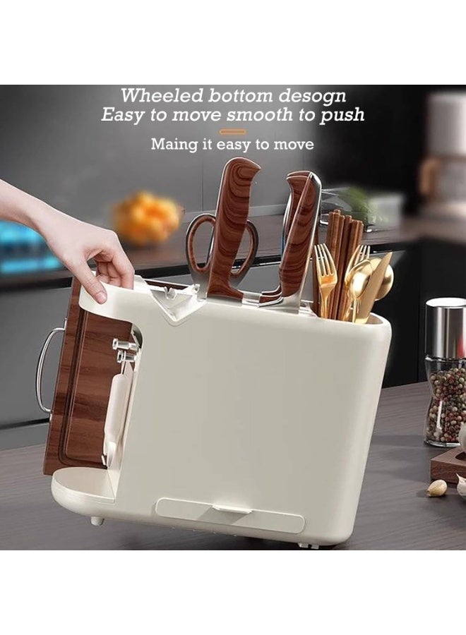 Bukela Multi-Functional Chopstick Holder/Knife Board Rack, Knife Holder with Sharpener, Kitchen Storage Rack for Cutting Boards, Pot Lids, Utensils, Suitable for Home Restaurant Countertop (White) - Image 2